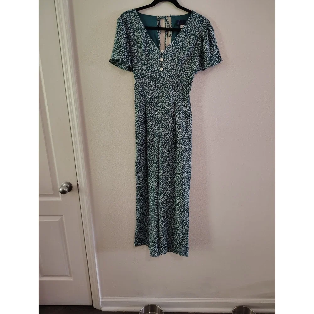 Blue Rain Teal Floral Wide Leg Jumpsuit XS Flutter Sleeve V-Neck Back Tie Cutout